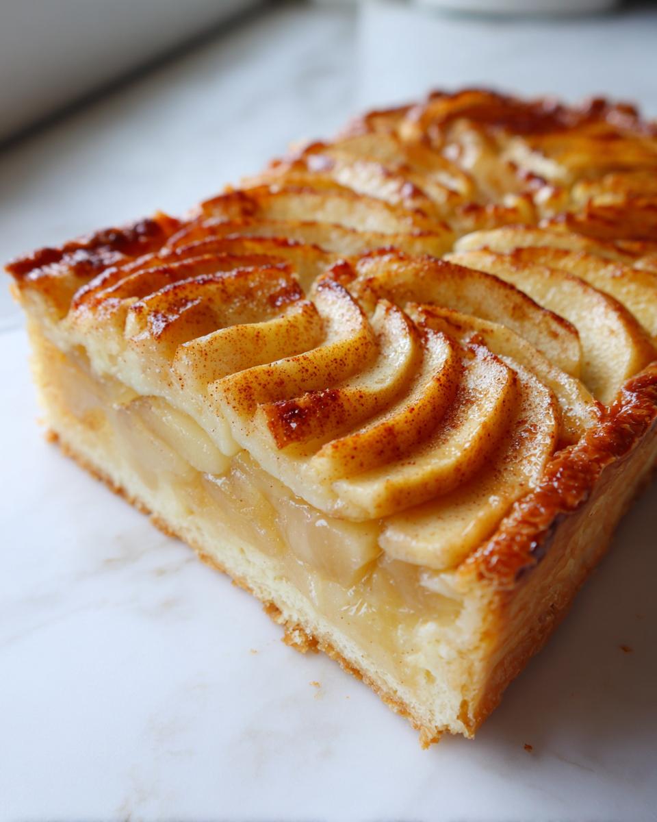 A close-up slice of a rectangular apple tart showing layered, caramelized apples dusted with cinnamon on a golden crust.