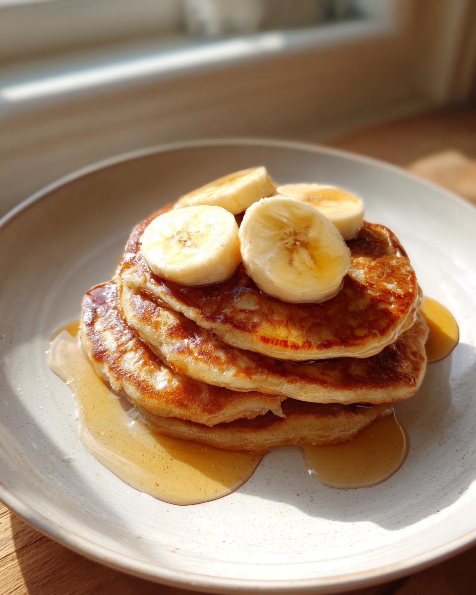 A stack of four golden brown banana pancakes drizzled with syrup and topped with fresh banana slices.