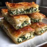 A stack of golden, flaky Mediterranean Spinach and Feta Cheese Crisps cut into squares, showing the rich filling.