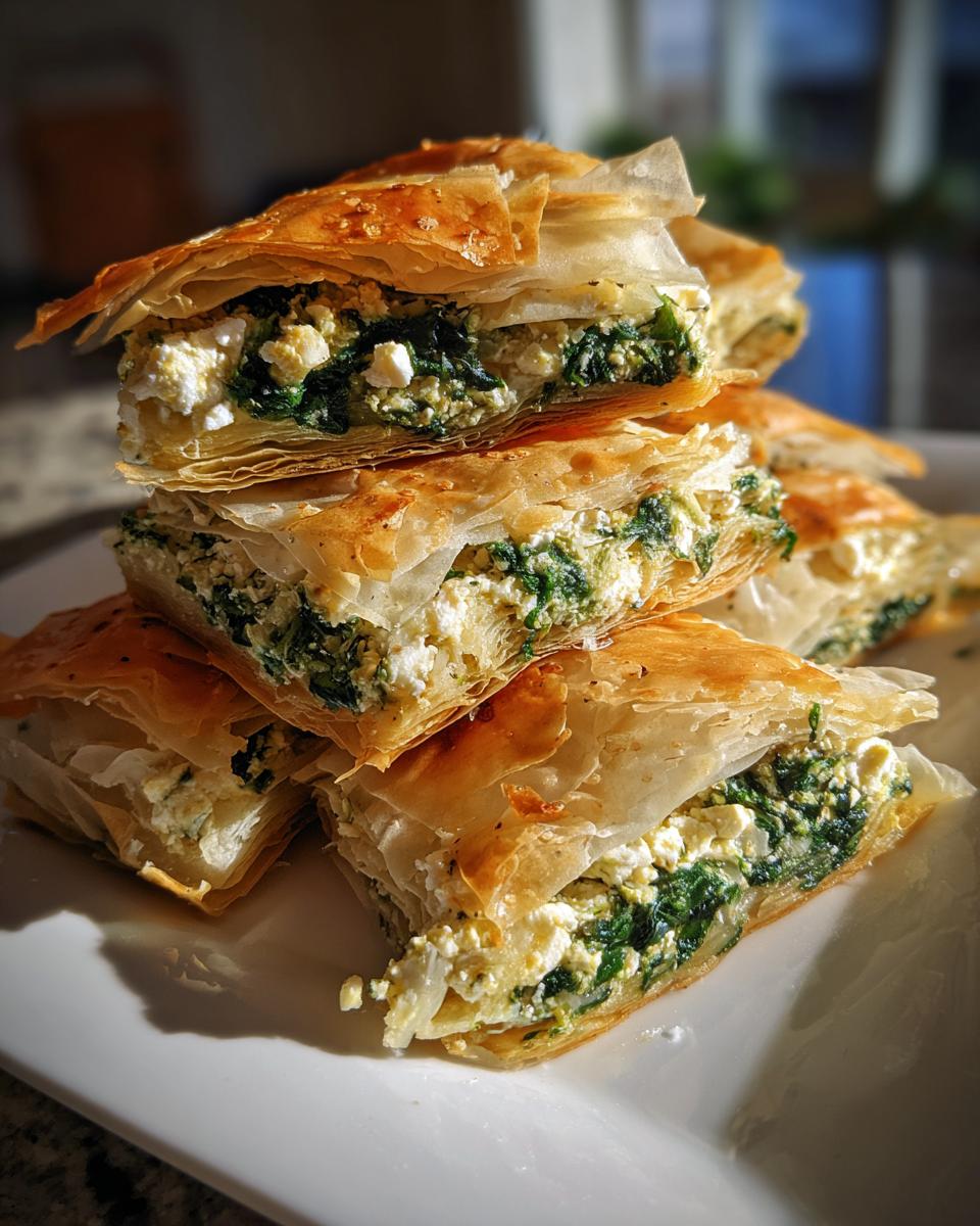 Stack of golden, flaky Mediterranean Spinach and Feta Cheese Crisps showing the rich filling.