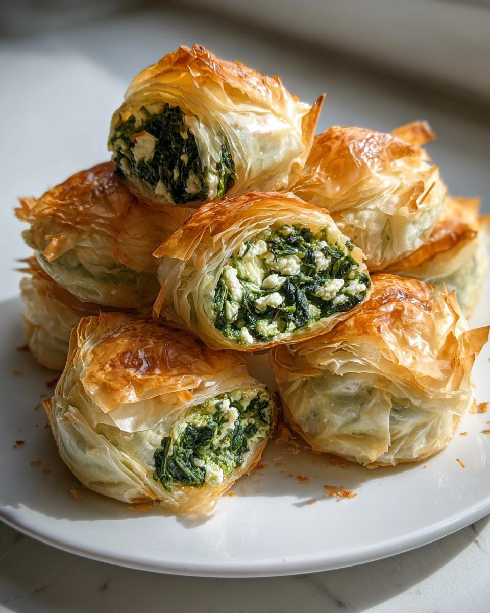 A stack of golden, flaky Mediterranean Spinach and Feta Cheese Crisps, cut open to show the filling.
