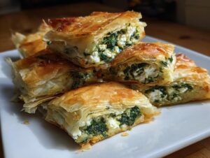 A stack of golden, flaky Mediterranean Spinach and Feta Cheese Crisps cut into squares, showing the rich filling.