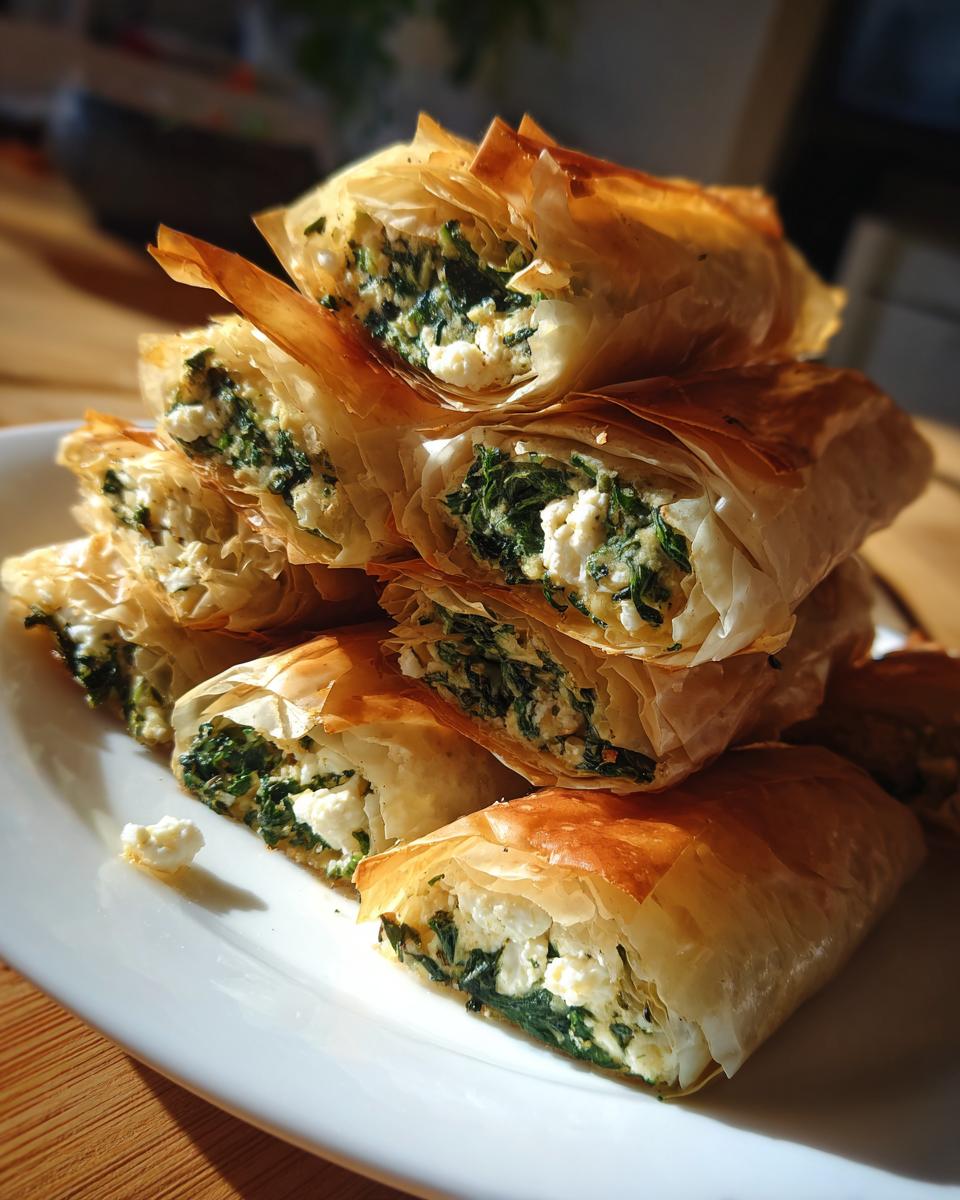 Stack of golden, flaky Mediterranean Spinach and Feta Cheese Crisps cut in half, showing the filling.