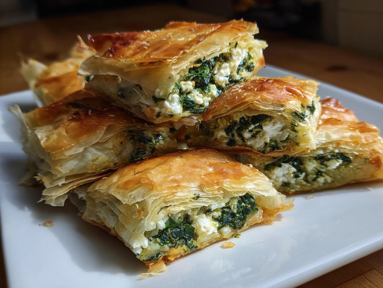 A stack of golden, flaky Mediterranean Spinach and Feta Cheese Crisps cut into squares, showing the rich filling.