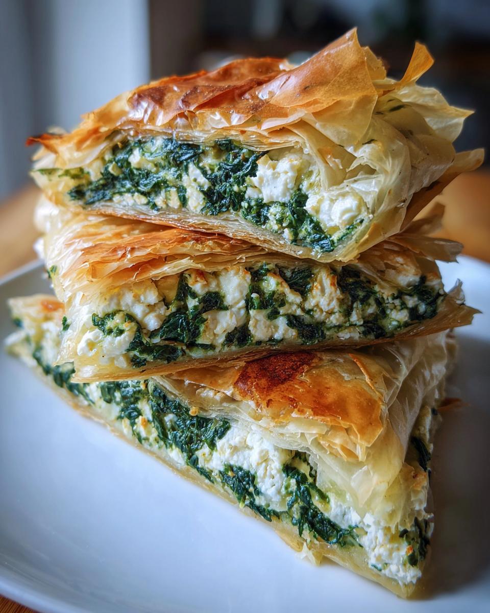 Three stacked, golden-brown slices of Mediterranean Spinach and Feta Cheese Crisps showing flaky phyllo and rich filling.