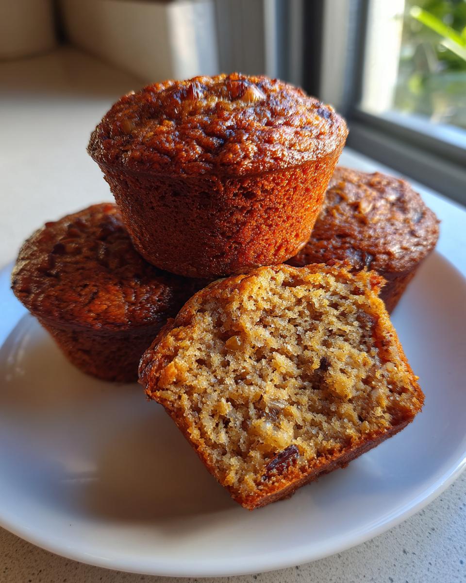 Close-up of three moist bran muffins, one cut in half showing the texture and raisins inside.