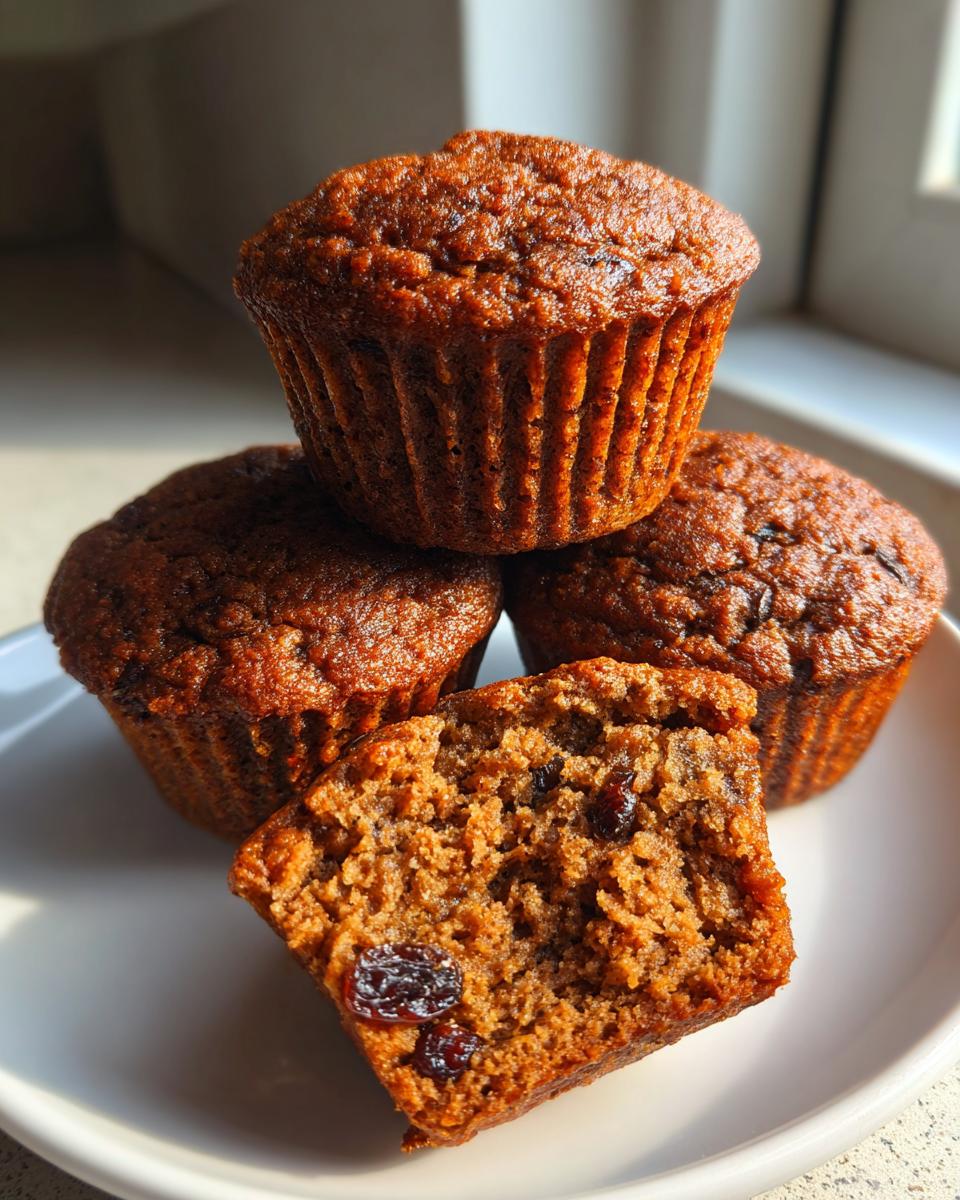 Close-up of three moist bran muffins, with one cut in half showing raisins and crumb texture.