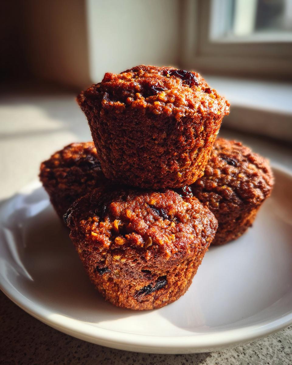 A close-up, warmly lit stack of three rich, dark bran muffins studded with raisins on a white plate.