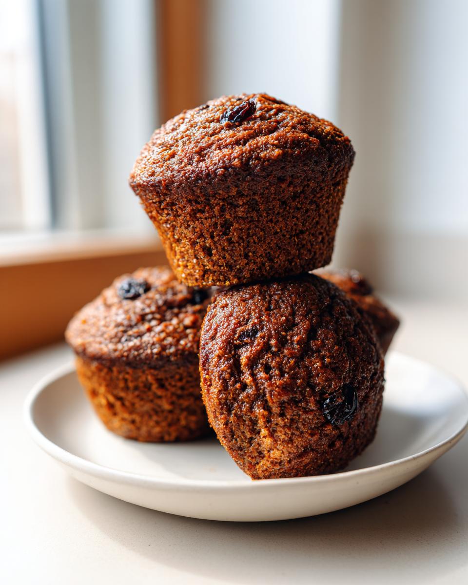 A stack of three dark, moist bran muffins topped with raisins, resting on a small white plate.