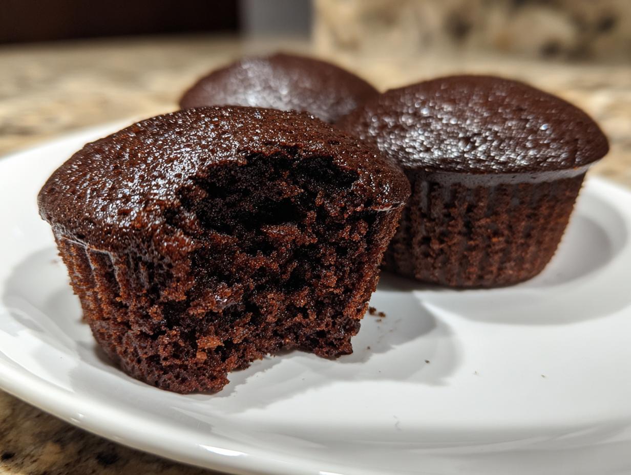 Close-up of moist, dark chocolate cupcakes, one with a bite taken out, showing the rich crumb texture of the easy chocolate cupcakes.