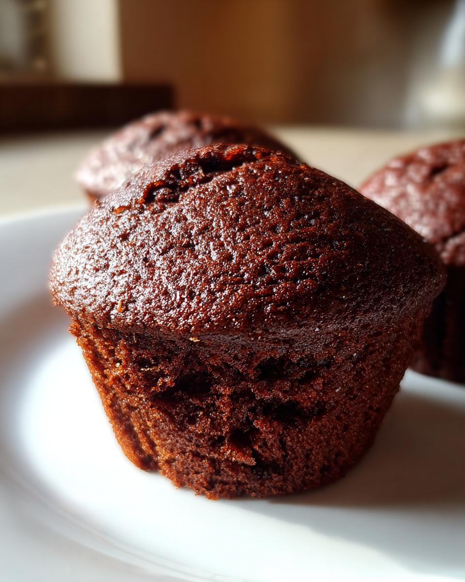 A close-up, dramatically lit photo of one moist, dark brown easy chocolate cupcakes sitting on a white plate with two others blurred in the background.