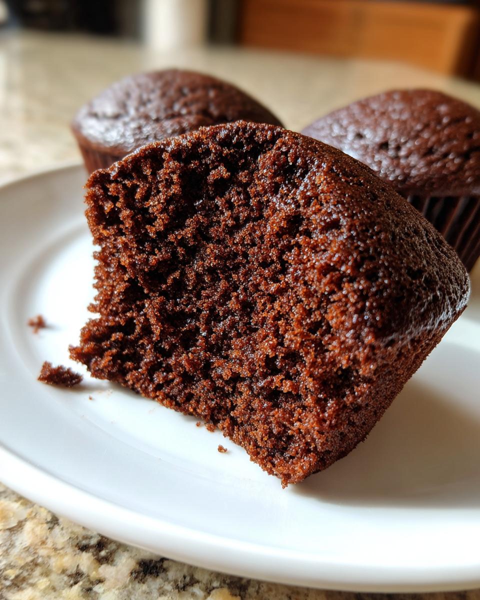 Close-up of an easy chocolate cupcakes cut in half showing its moist, dark crumb texture.