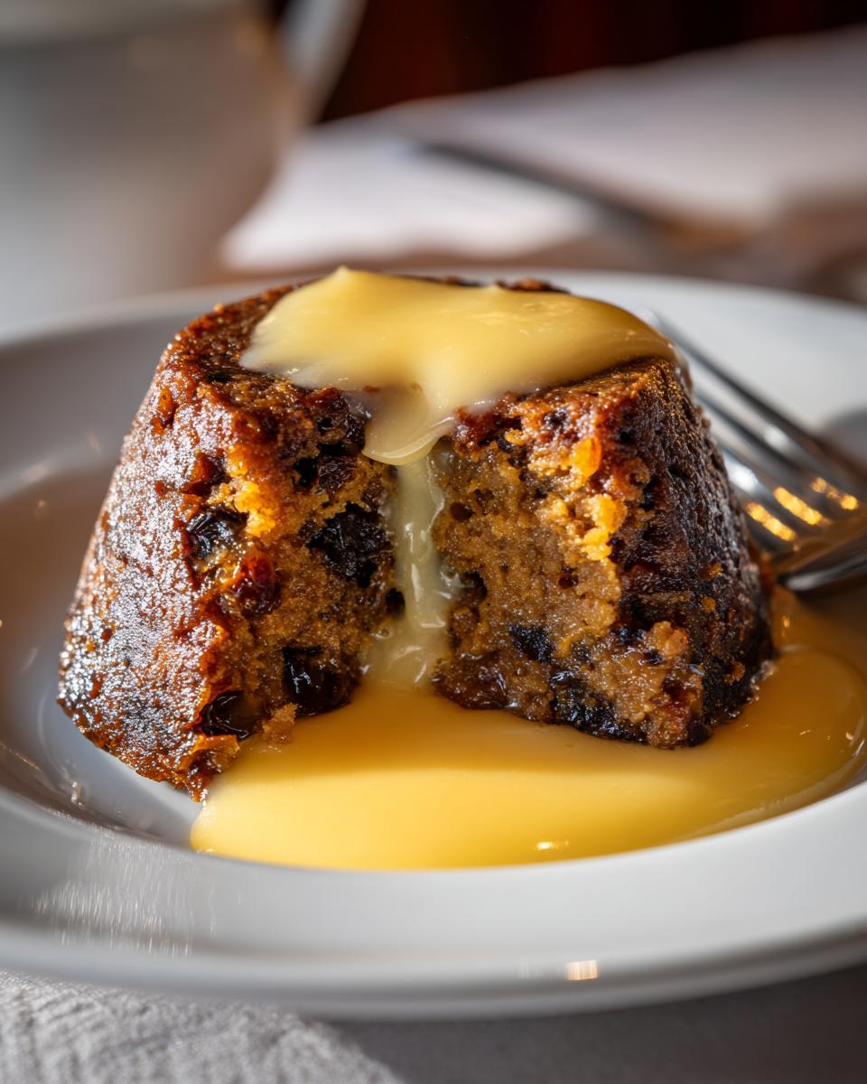 Close-up of a rich, dark plum pudding cut in half, generously topped with flowing yellow custard sauce.