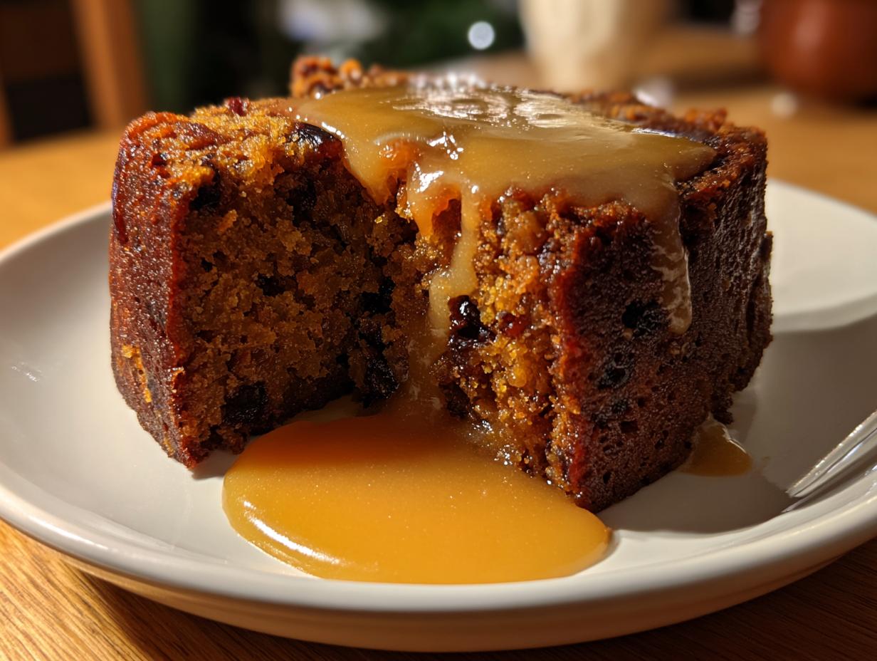 Close-up of a rich, dark slice of plum pudding covered in dripping caramel sauce on a white plate.