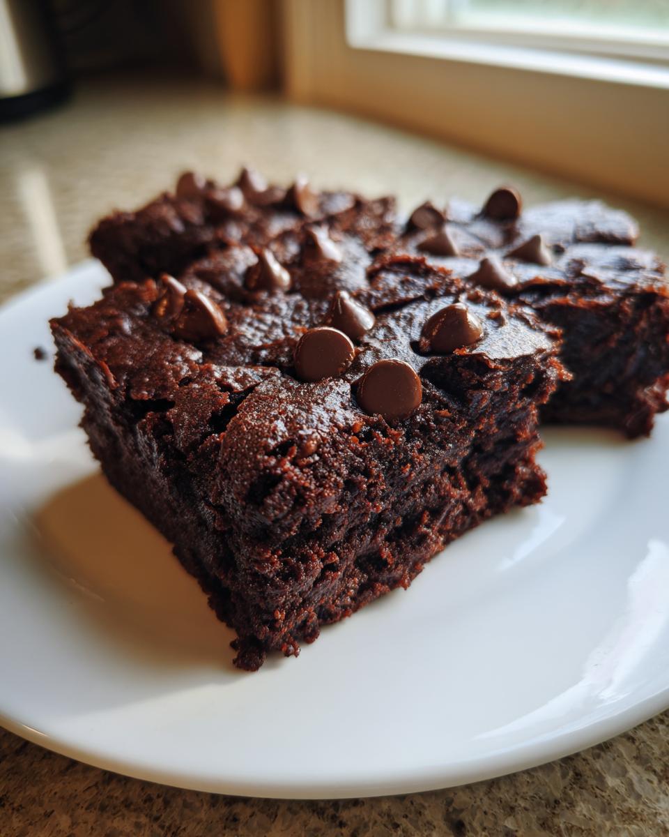 Close-up of two rich, dark Sweet Potato Brownies topped with melted chocolate chips on a white plate.
