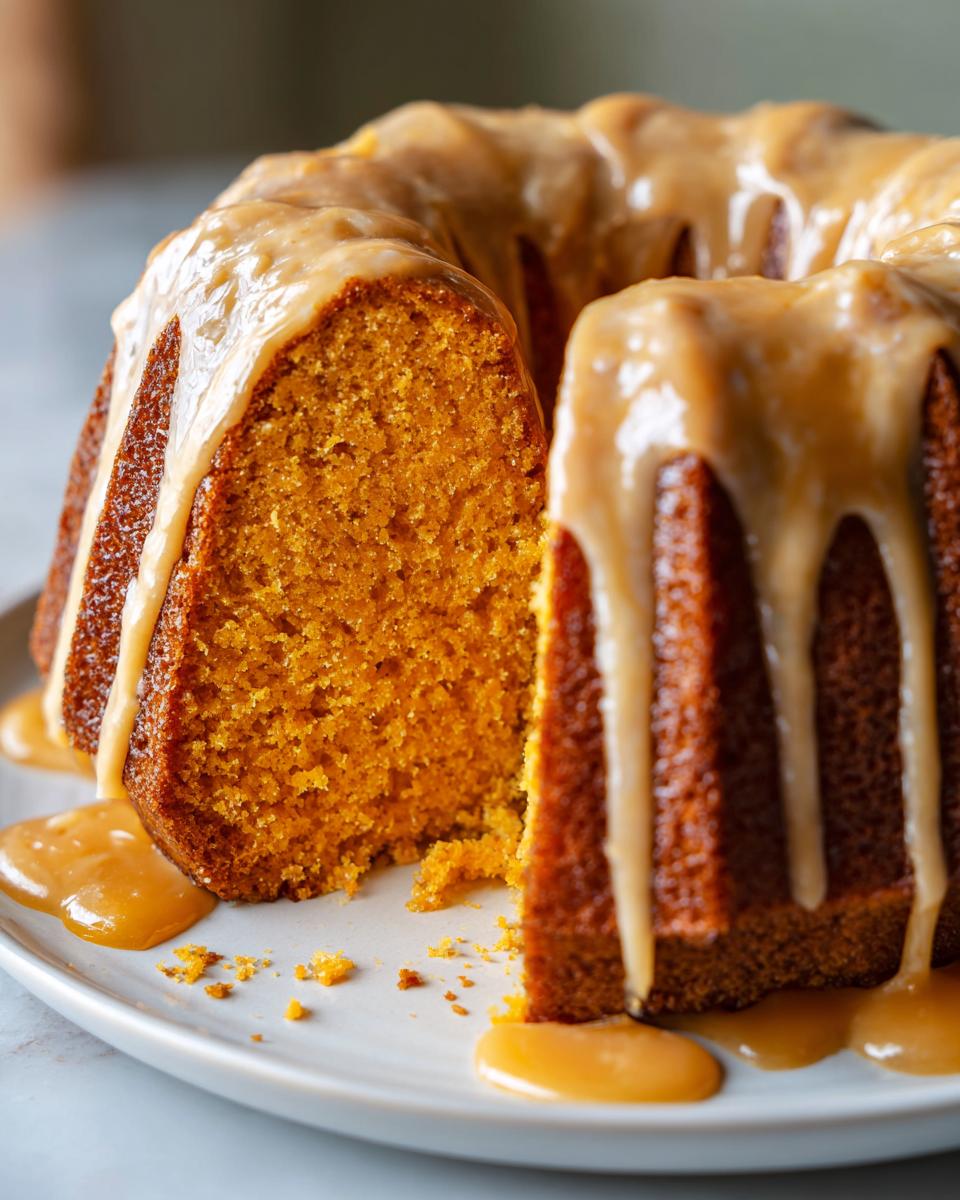 A slice cut from a moist sweet potato pound cake drizzled generously with caramel glaze.
