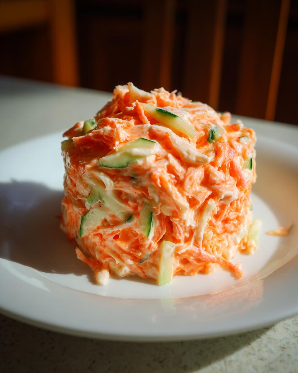 A molded serving of creamy kani salad featuring shredded imitation crab, carrots, and cucumber slices.