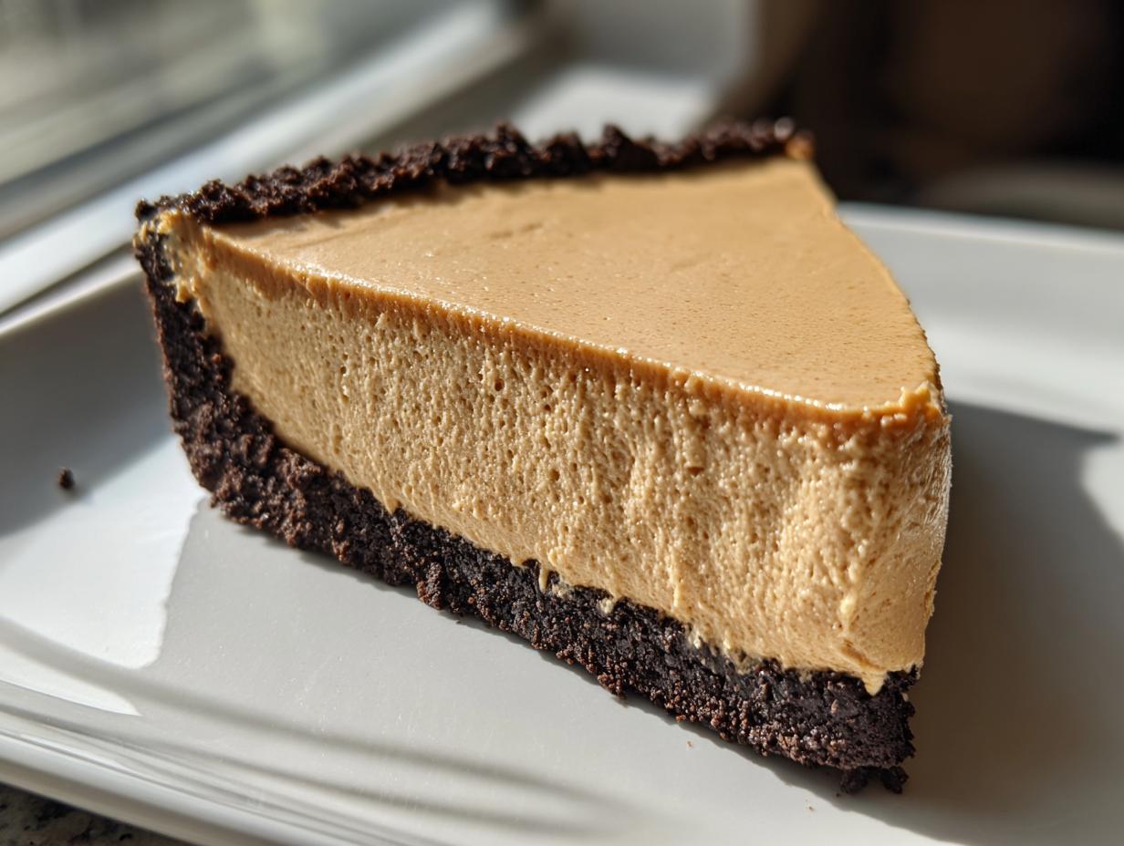 A close-up slice of no bake peanut butter pie with a thick, creamy filling and dark chocolate crust.