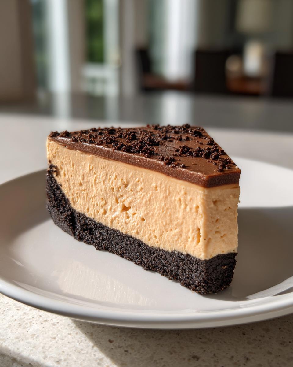 A perfect slice of no bake peanut butter pie featuring a dark crust, creamy filling, and chocolate ganache topping.