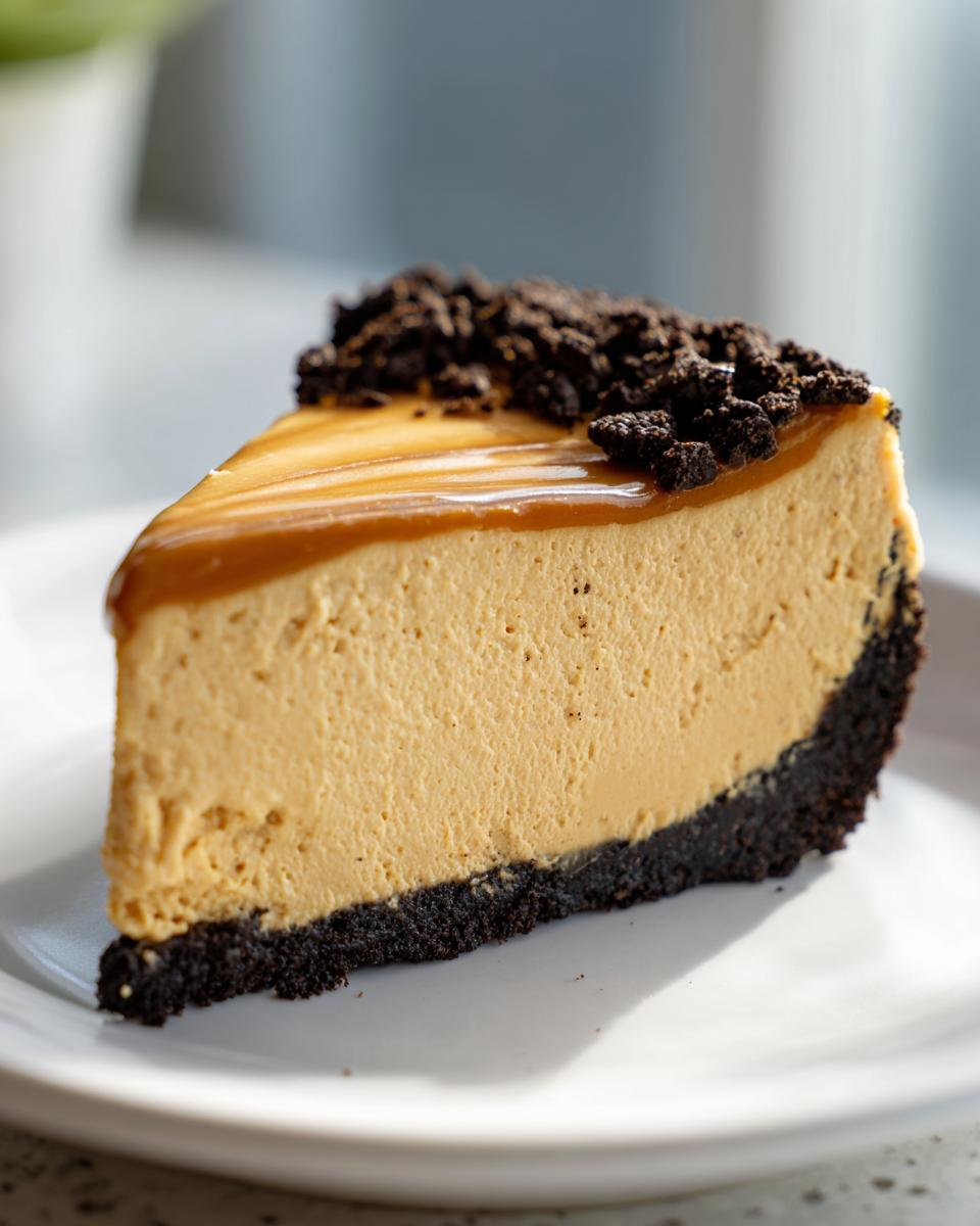 A decadent slice of no bake peanut butter pie featuring a thick peanut butter filling, dark crust, and caramel topping with cookie crumbles.