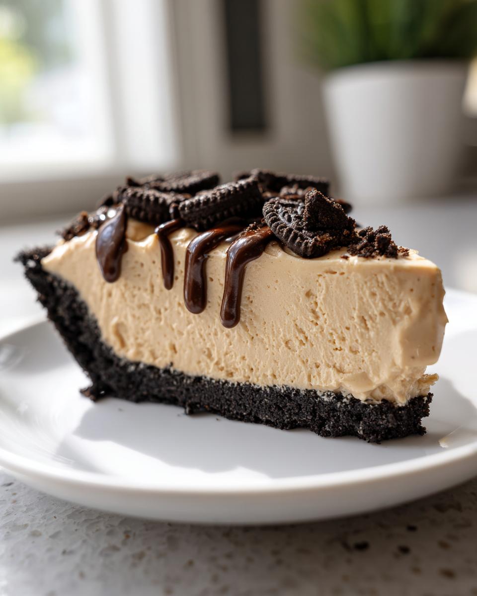 A decadent slice of no bake peanut butter pie with a dark cookie crust, topped with chocolate drizzle and mini Oreos.