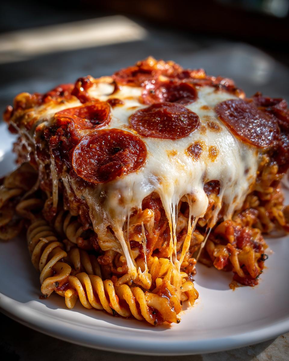 A serving of baked pizza pasta featuring rotini noodles, rich sauce, melted mozzarella, and pepperoni slices.