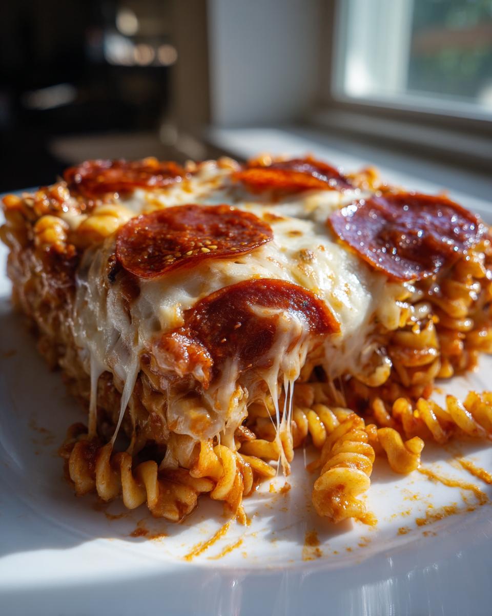 A serving of baked pizza pasta featuring rotini noodles, melted mozzarella cheese, and pepperoni slices.