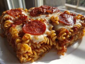 Close-up of a hearty serving of pizza pasta casserole topped with melted mozzarella and pepperoni slices.