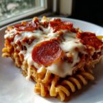 A close-up of a baked slice of pizza pasta casserole topped with melted mozzarella and pepperoni.