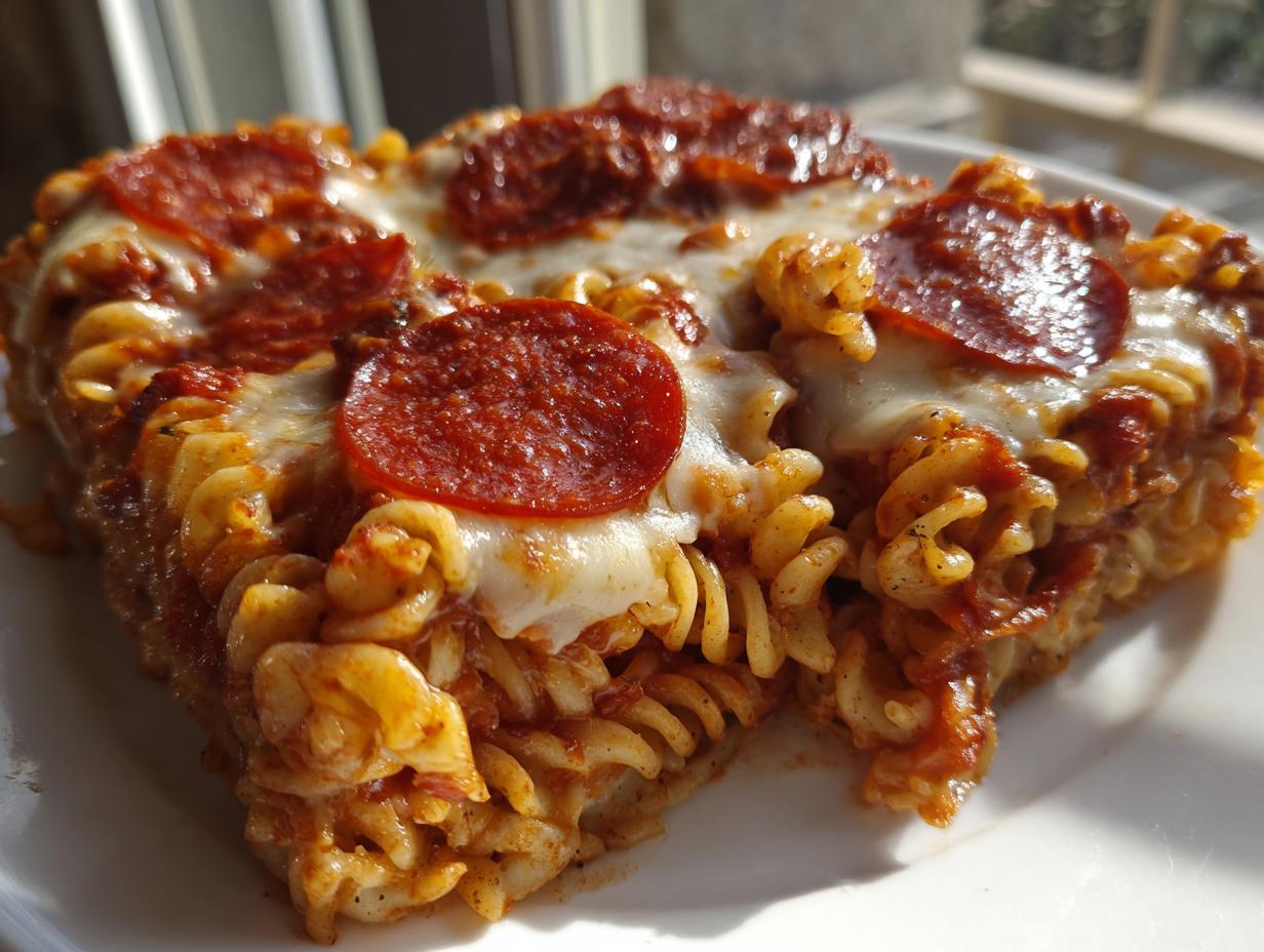 Close-up of a hearty serving of pizza pasta casserole topped with melted mozzarella and pepperoni slices.