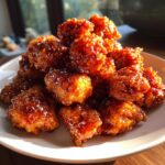 A pile of crispy, bite-sized pieces coated in a thick, glossy sauce from the orange chicken recipe.