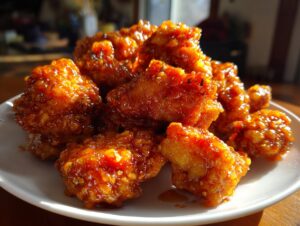 A plate piled high with crispy, glazed pieces of orange chicken recipe, glistening under bright light.