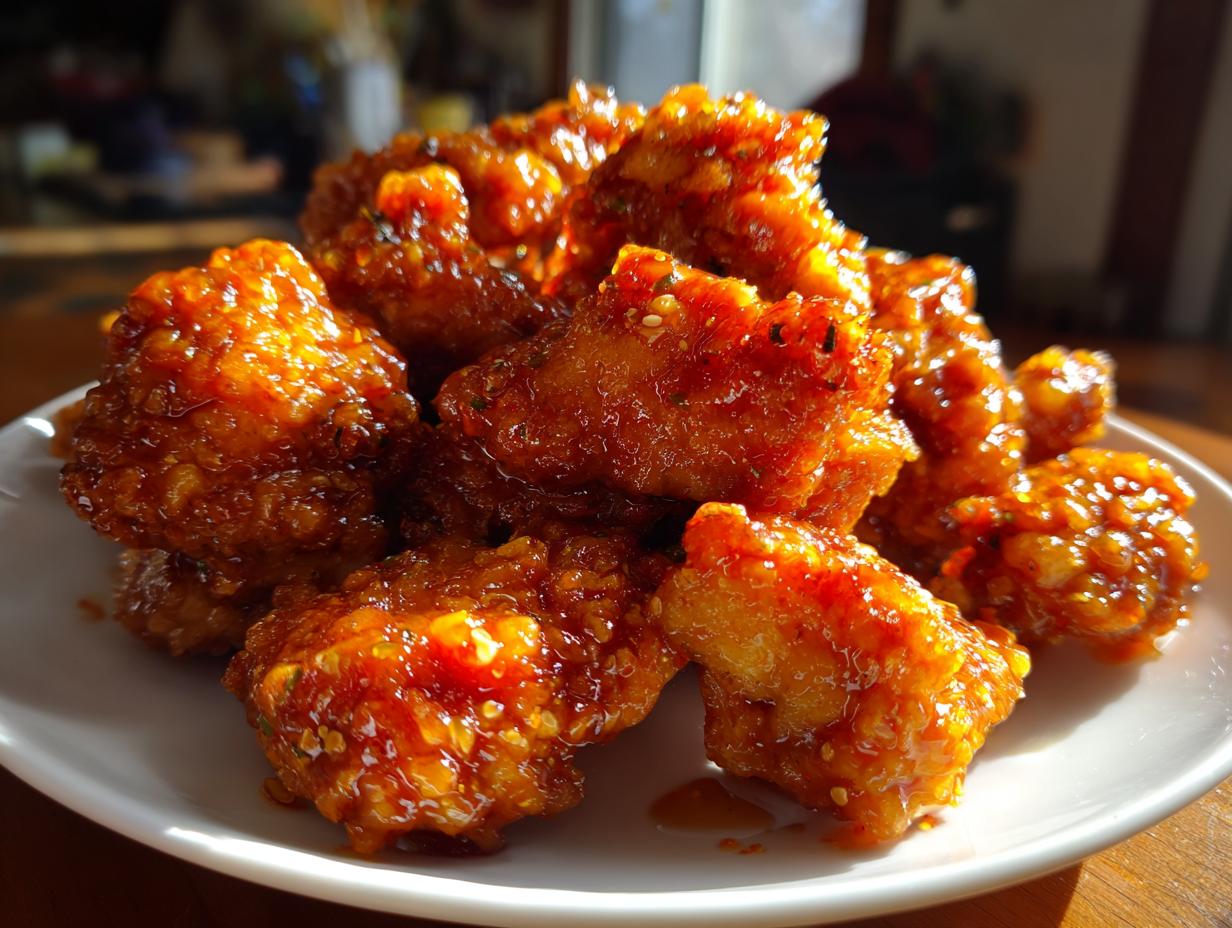 A plate piled high with crispy, glazed pieces of orange chicken recipe, glistening under bright light.