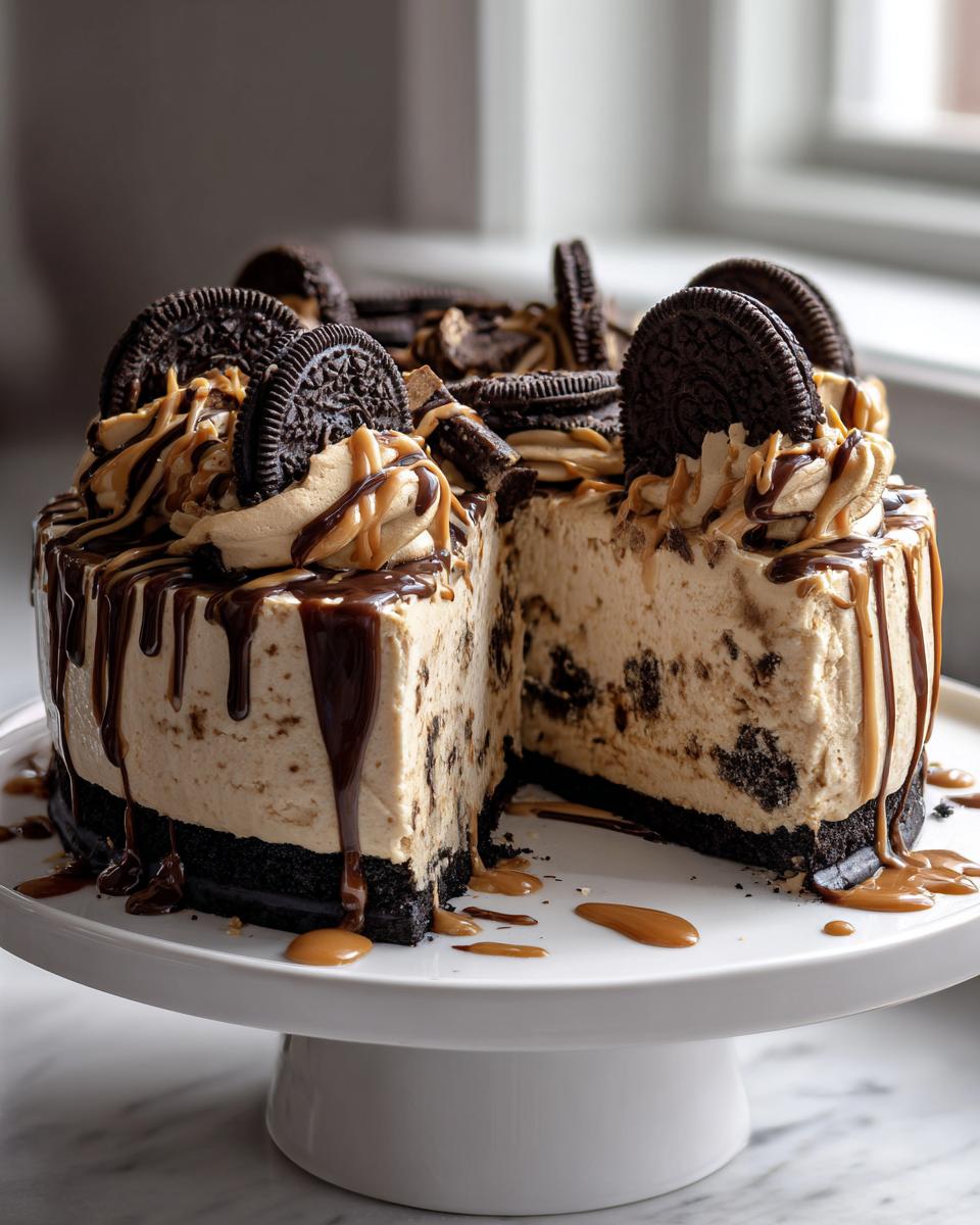 A rich, no-bake peanut butter pie with an Oreo crust, topped with whipped cream, chocolate, and caramel drizzle.