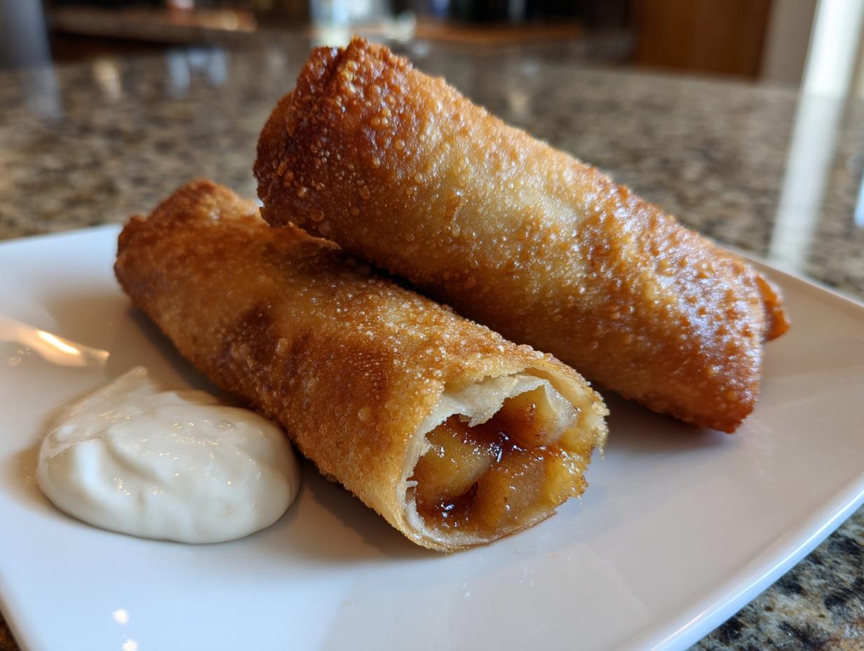 Two crispy, golden brown peach cobbler egg rolls served on a white plate with a dollop of white dipping sauce.