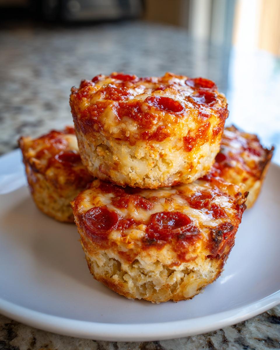 A stack of three golden brown pepperoni pizza muffins topped with melted cheese and sauce on a white plate.