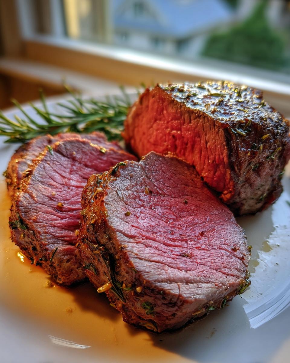 Close-up of perfectly medium-rare beef tenderloin, sliced and seasoned with herbs, resting on a white plate.