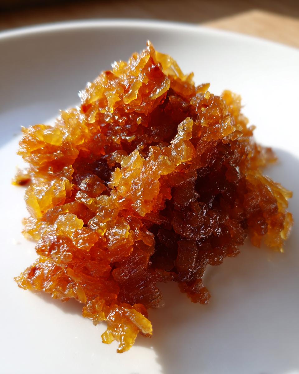 Close-up of a glistening pile of deeply browned caramelized onions on a white plate.