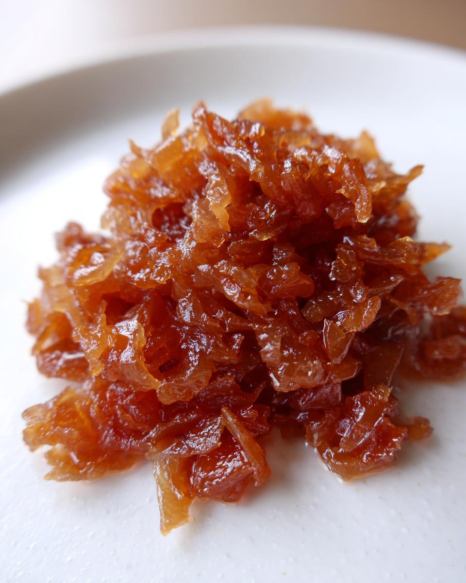 A small mound of deeply browned, glossy caramelized onions resting on a white plate.