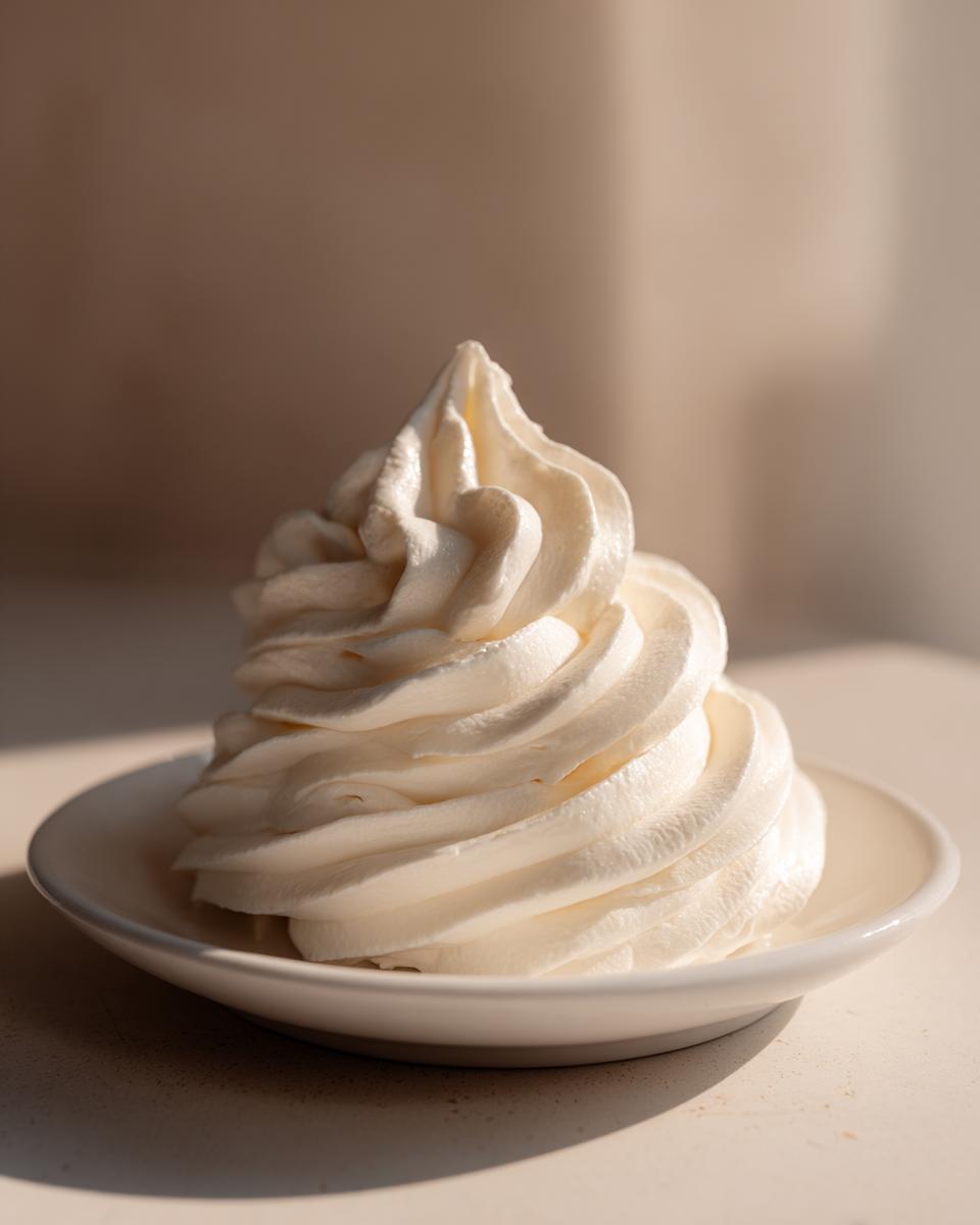 A perfect, tall swirl of fluffy white cream cheese frosting piped onto a small white saucer.