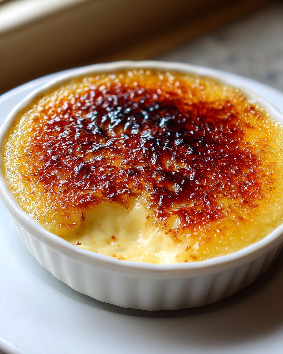 Close-up of a single serving of creme brulee in a white ramekin, showing the cracked caramelized sugar top.