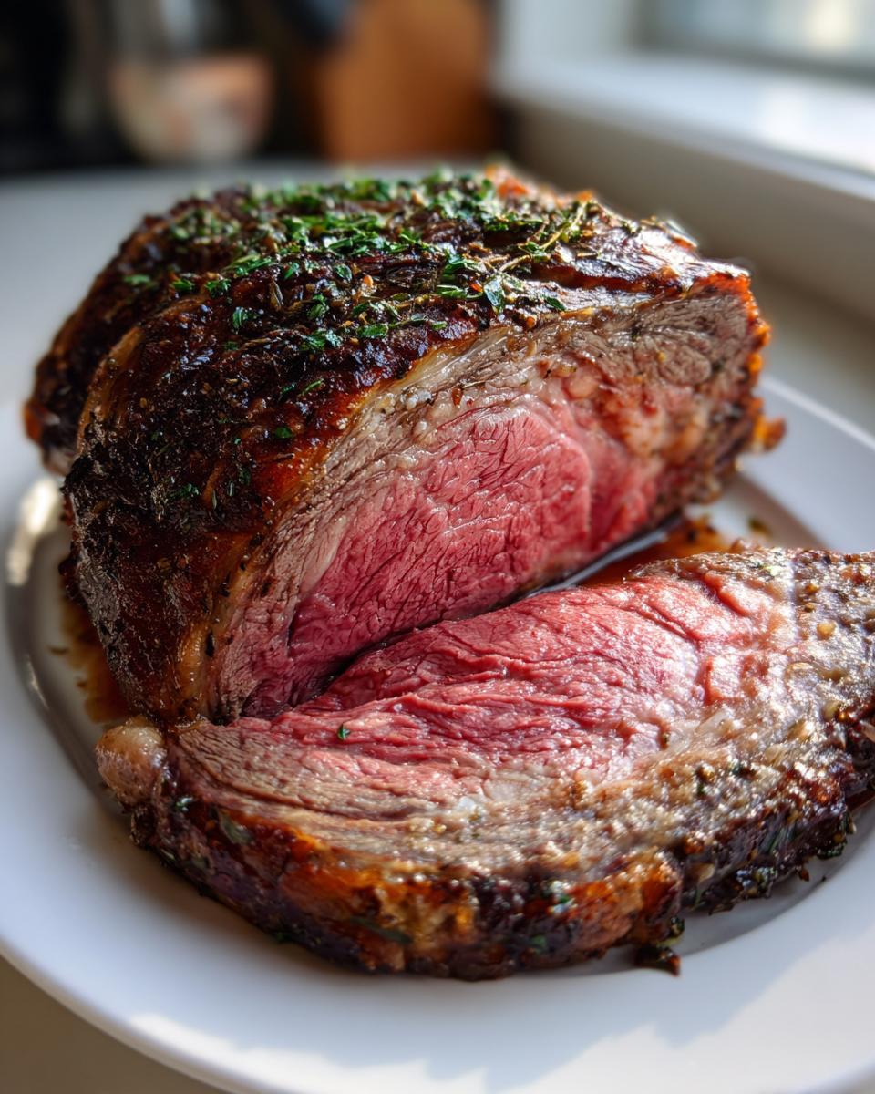 Close-up of a perfectly cooked medium-rare rib roast, sliced to show the pink center and herb crust.