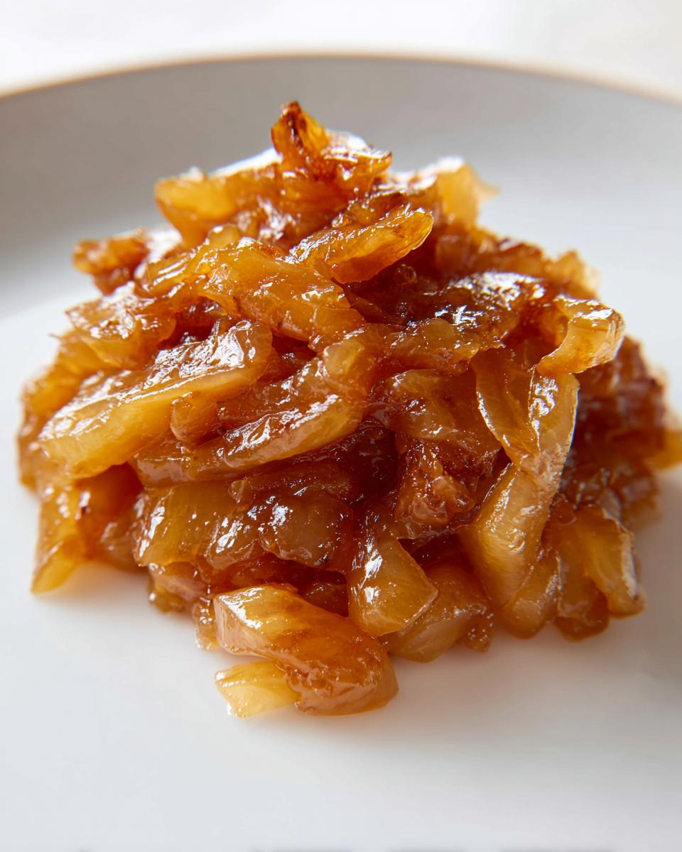 A mound of deeply golden brown, glossy caramelized onions served on a white plate.