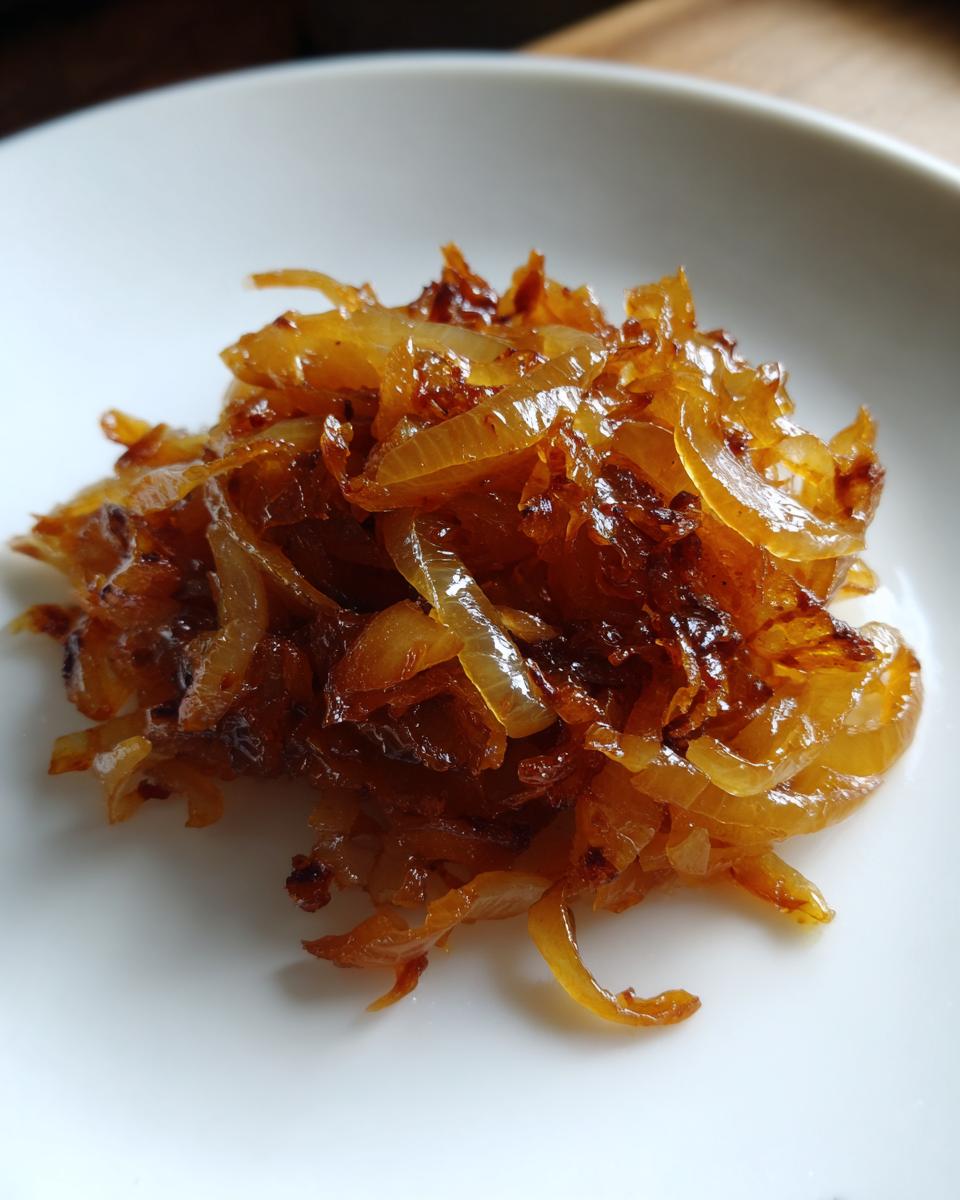 A close-up of a small pile of deeply golden brown caramelized onions resting on a clean white plate.