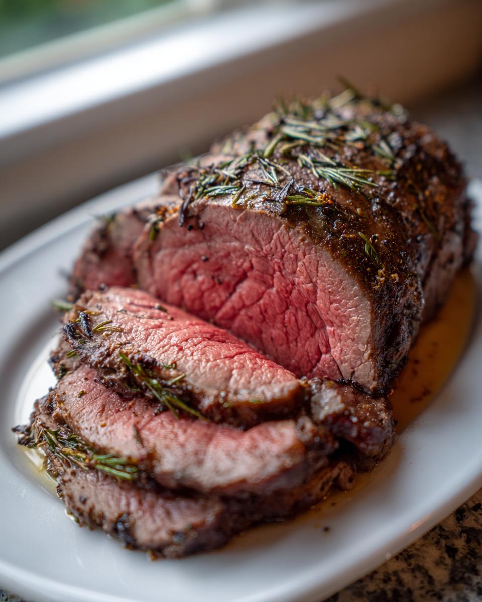 Close-up of a medium-rare roasted Beef Tenderloin, sliced and topped with fresh rosemary.