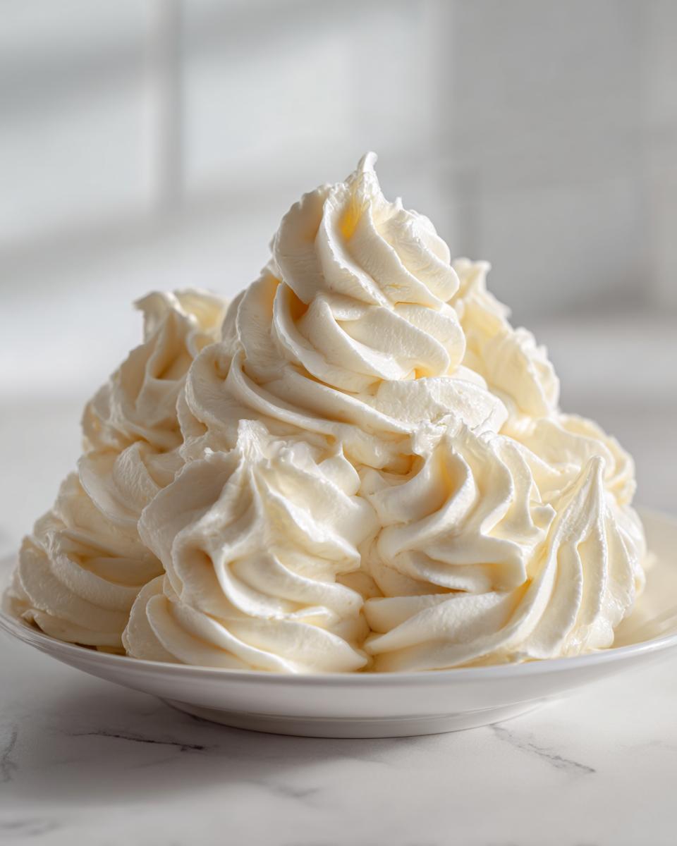 Close-up of perfectly piped swirls of creamy, white vanilla buttercream frosting piled high on a white plate.