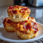 A close-up stack of three golden-brown pizza muffins topped with melted cheese and pepperoni.