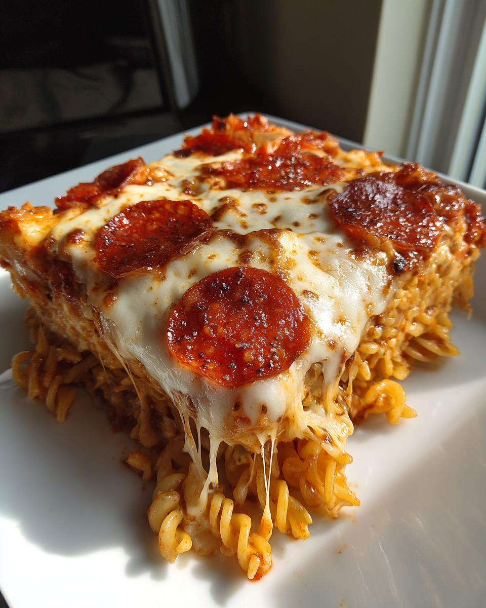 A close-up of a slice of pizza pasta casserole with melted, stringy mozzarella and pepperoni slices.