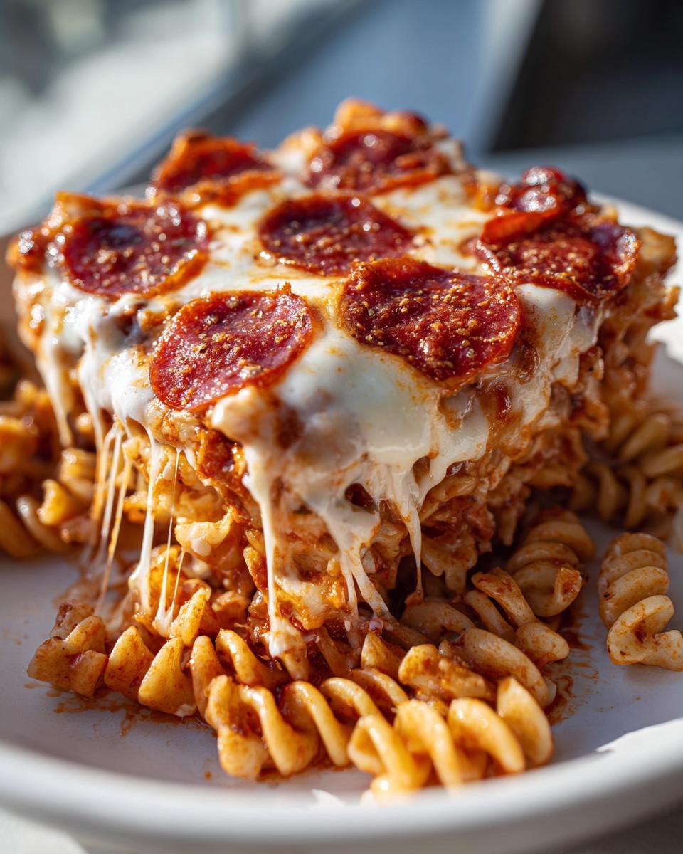 A close-up of a serving of pizza pasta topped with melted mozzarella cheese and pepperoni slices.