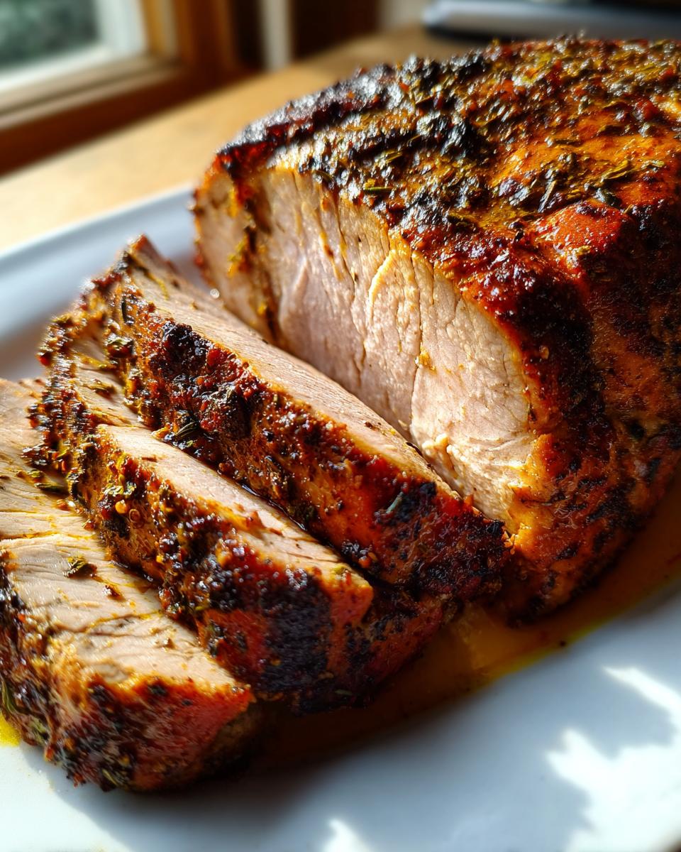 Close-up of a juicy pork loin roast, sliced to show the tender interior and seasoned, browned crust.